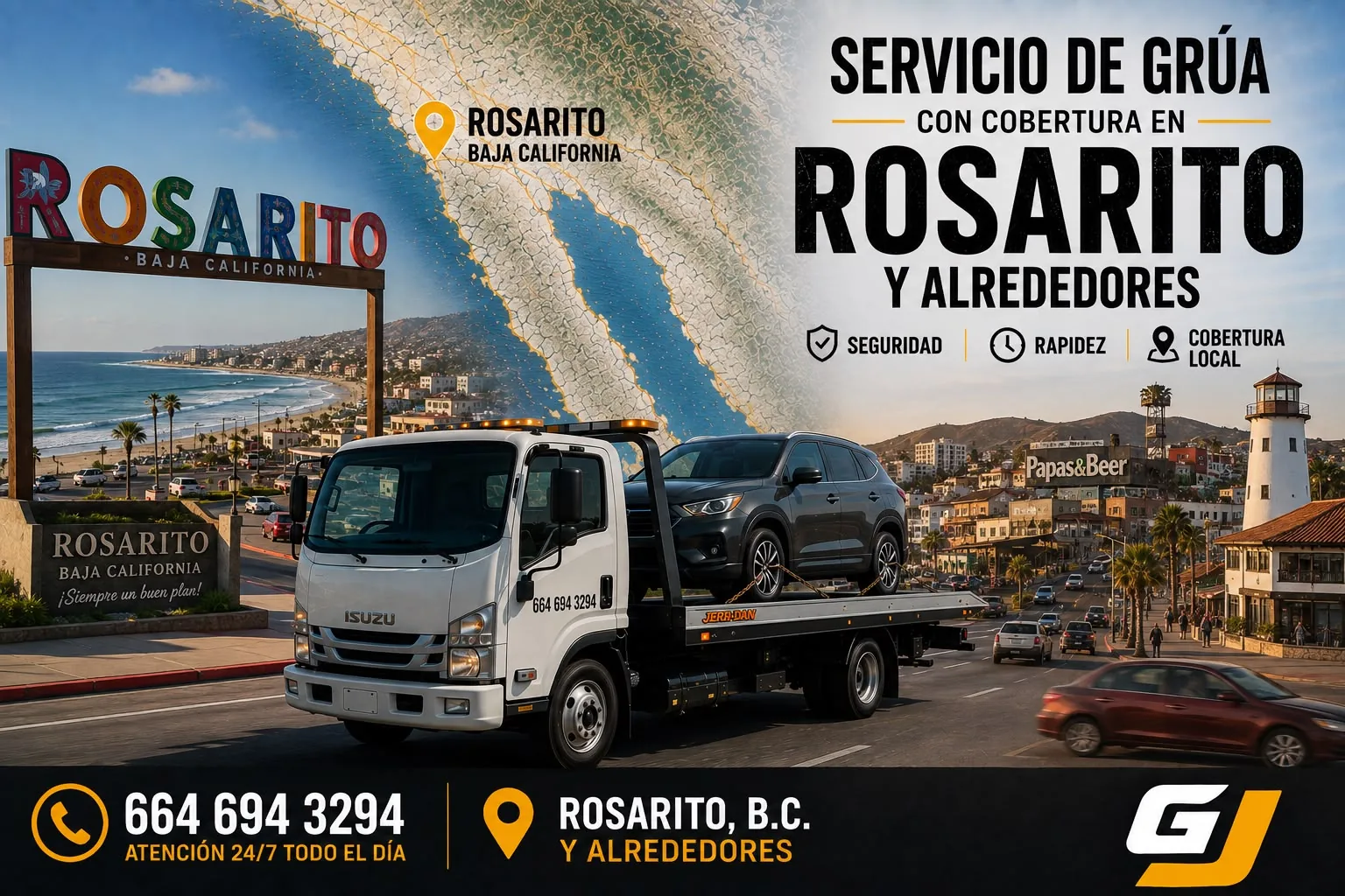 Servicio de grúa de Grúas JEC con cobertura en Rosarito Baja California
