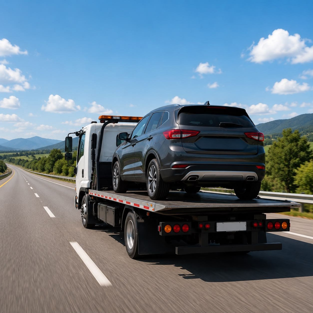Grúa trasladando una camioneta sobre carretera